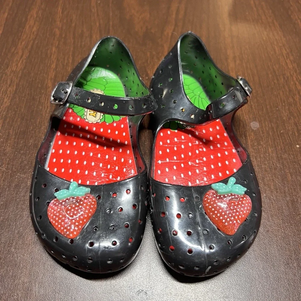 Vtg Happy Jelly Shoes Toddler Girls 9-10 Black Strawberry Mary Jane Y2K Discont.